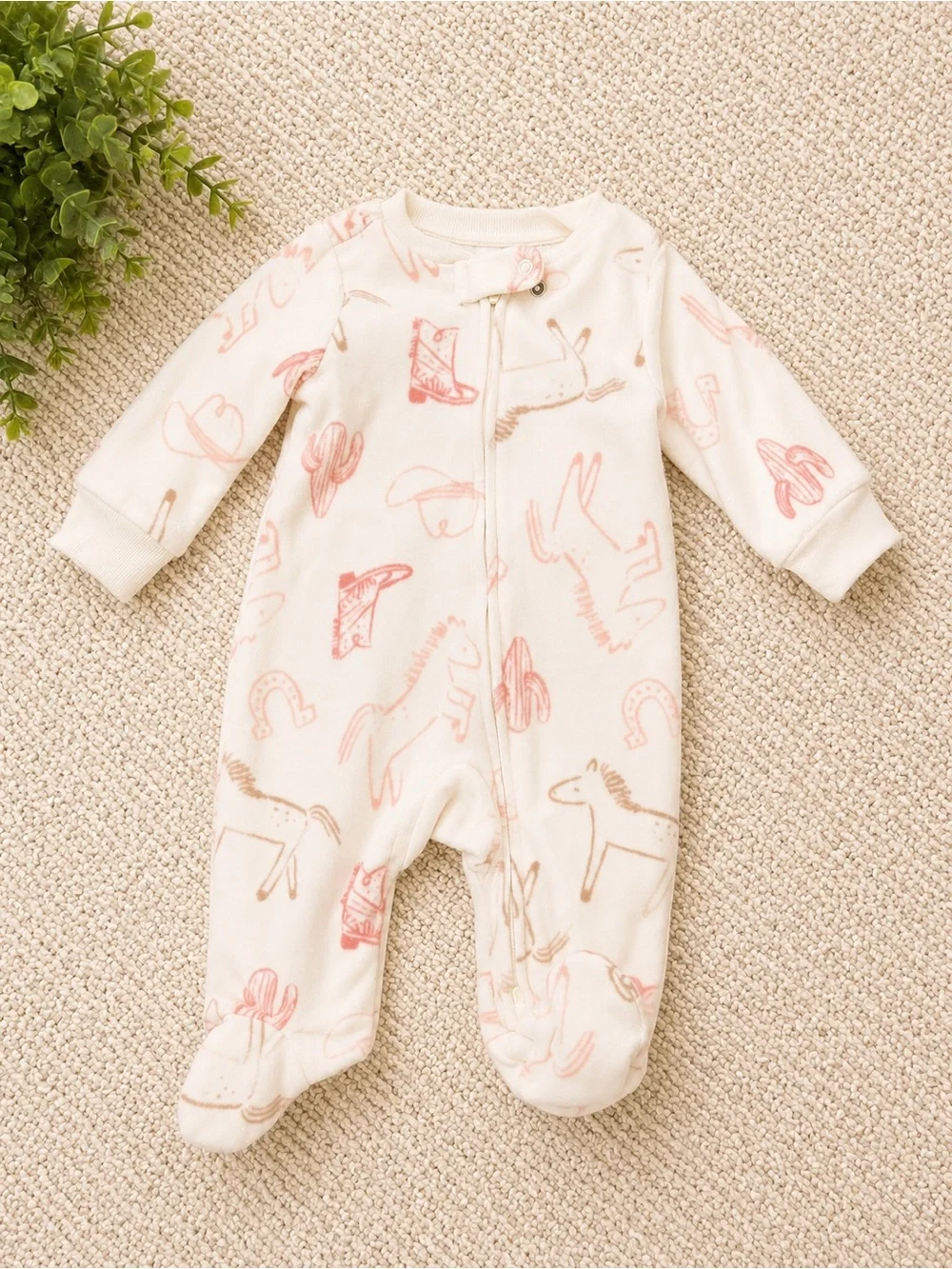 White Baby Footed One-Piece with Pink Western Horse Print